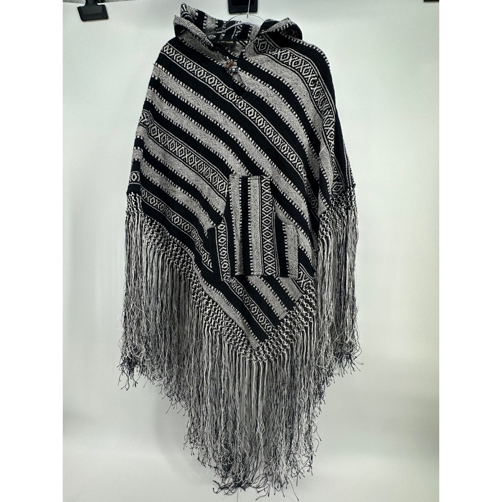 In Our Nature Hooded Fringe Poncho‎ Black White Boho